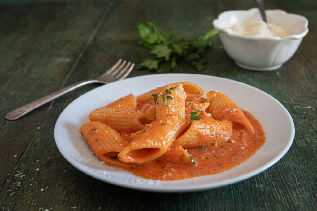 Pasta on a white plate.