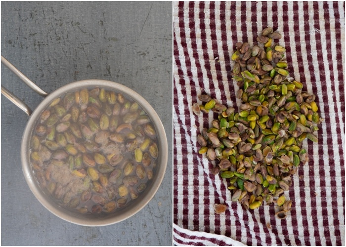 The pistachios boiling and drained on a tea towel.