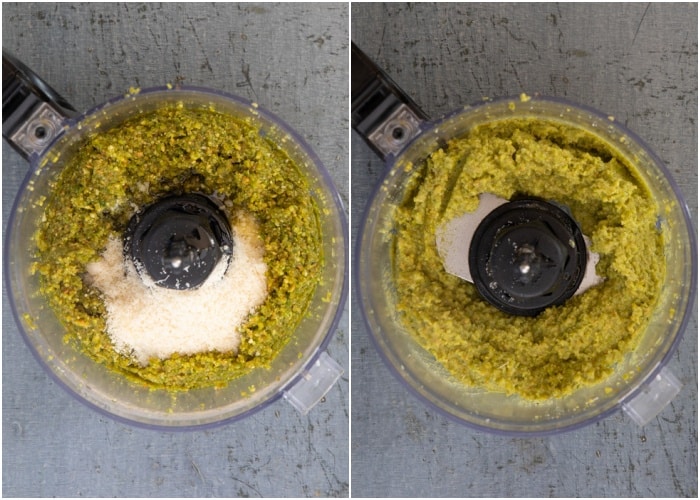 Adding the parmigiano and mixing in the food processor.