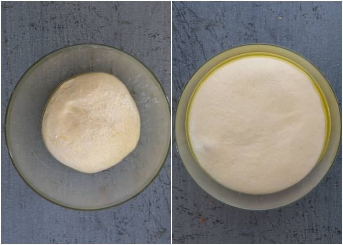 The dough in the bowl before and after rising.