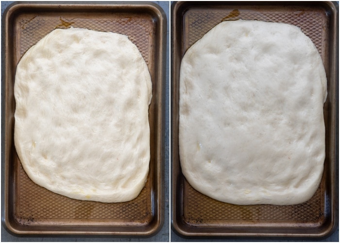 The dough on the baking pan after rising.