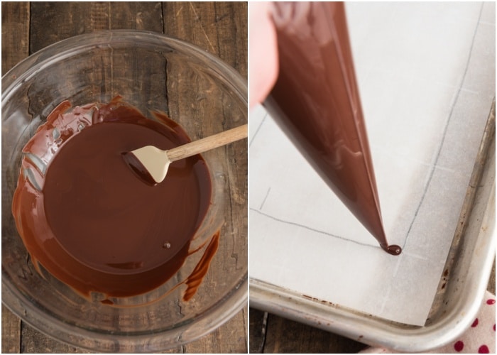 Melted chocolate in a glass bowl and forming on parchment paper rectangles.