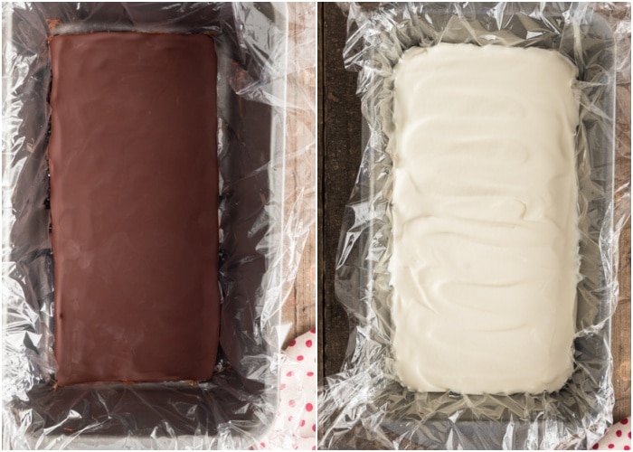 The chocolate in the pan and the ice cream on top.