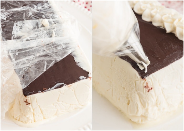 The loaf turned upside down and decorated with whipped cream.