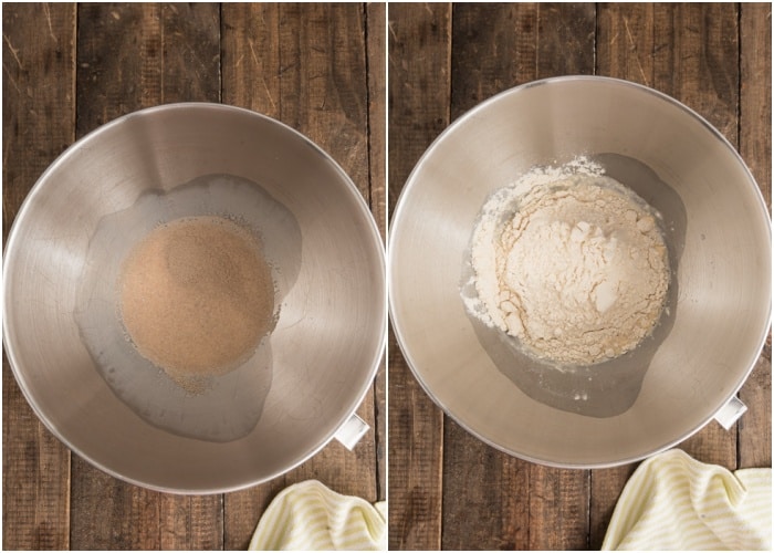 The yeast in the bowl and adding the flour.