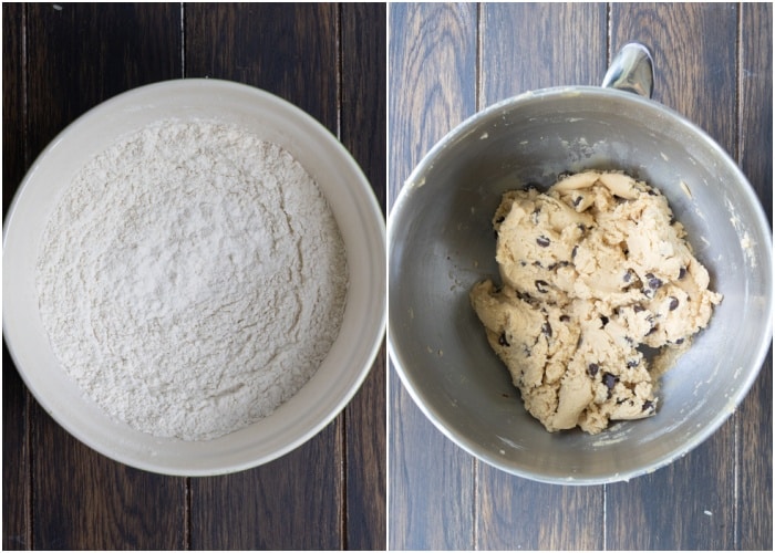 Adding the dry ingredients and chips.