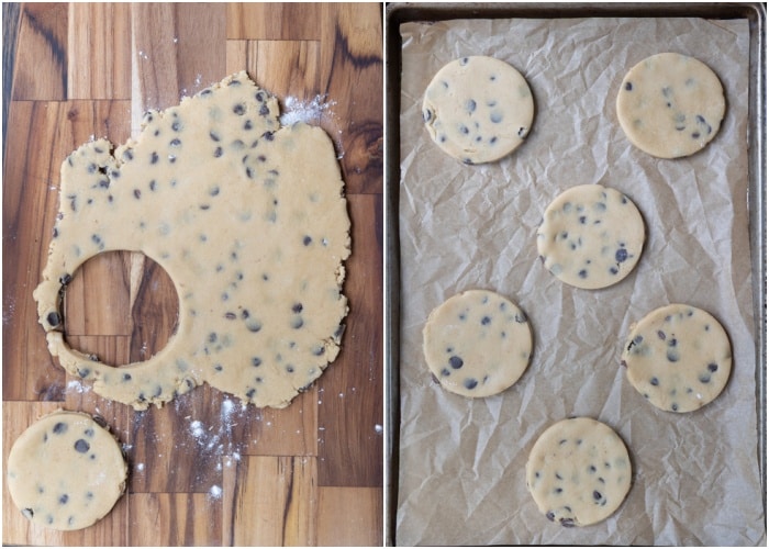 Rolling out the dough and cutting out and placing on the baking sheet.