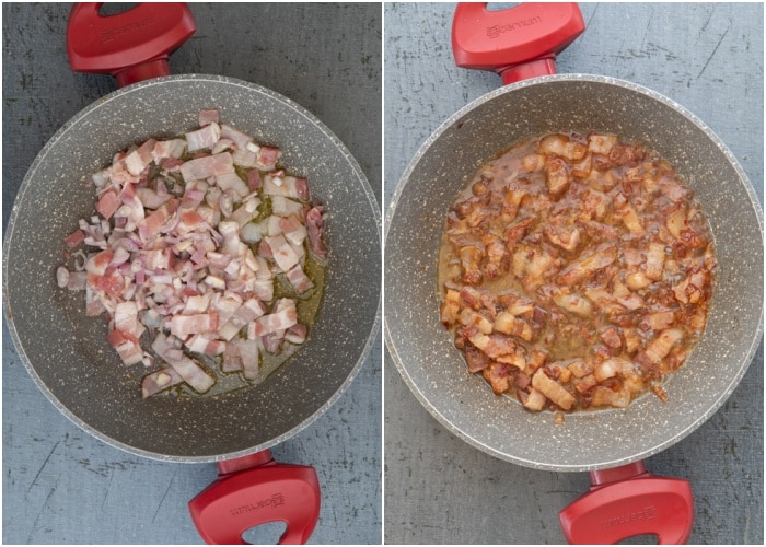 Cooking the pancetta in the pan, before and after cooked.