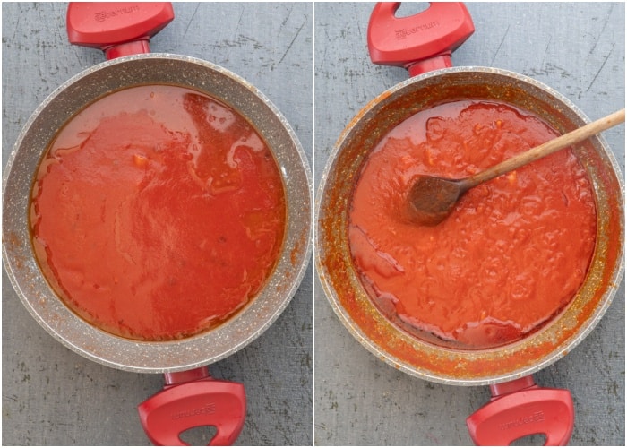 The sauce cooked in the pan.