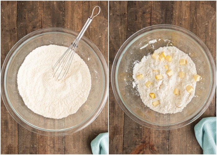 Whisking the dry ingredients and adding the butter.