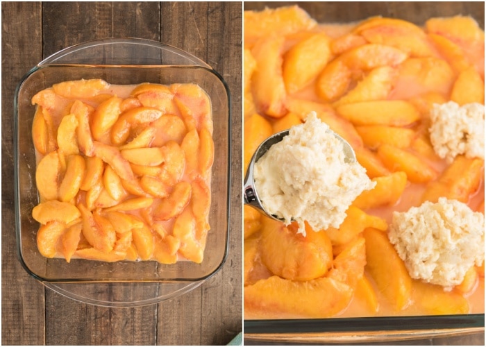 The peach slices in the pan and placing the dough pounds on top.