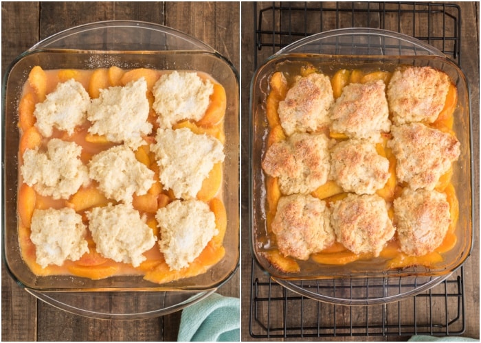 The peach cobbler before and after baking.
