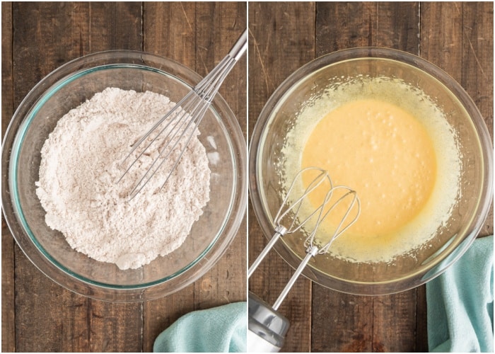 Whisking the dry ingredients and beating the wet ingredients.