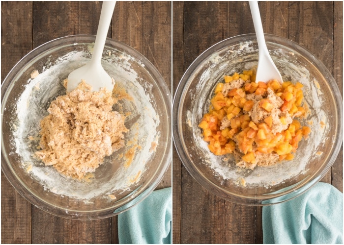 Mixing the wet into the dry and adding the peaches.