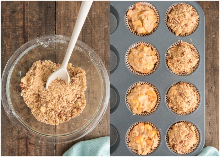 Mixing the topping and the batter in the muffin tin.