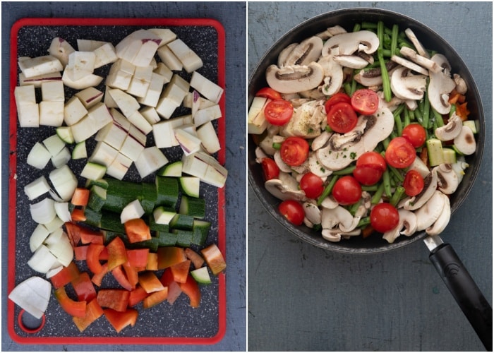 The vegetables cut and in the pan.