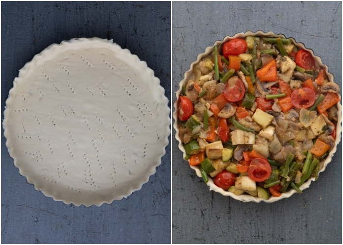 The pastry in the pan with the vegetables in the tart.