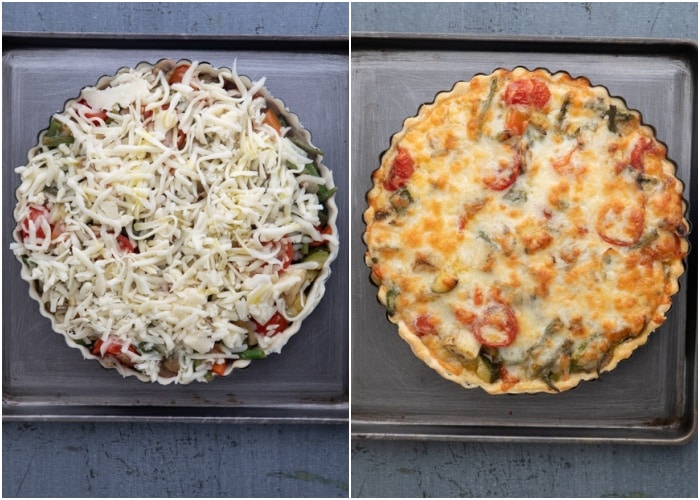 The vegetable tart before and after baked.
