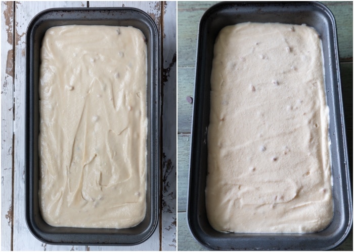 The ice cream in the loaf pan before and after frozen.