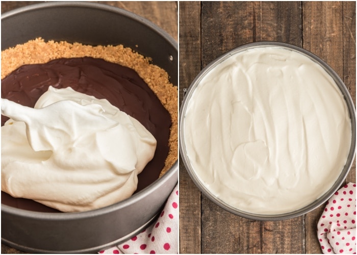 Spreading the ice cream over the base.