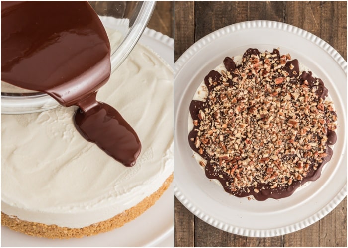 Pouring the melted chocolate over the frozen ice cream and the chopped chocolate on top.