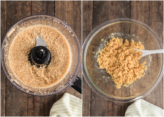 Making the crumbs and mixing with the butter.