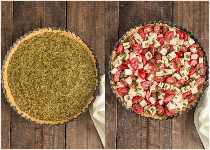 The pesto and the filling on the base.