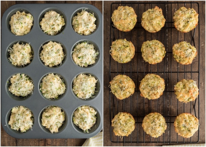 The muffins before and after baked.