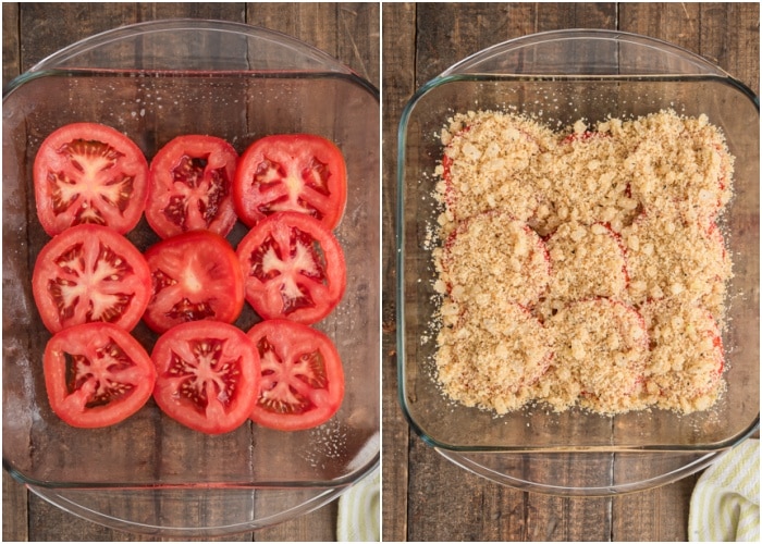 Adding the tomatoes and crumbs on top.