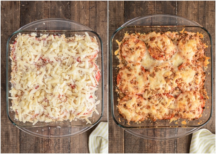 Adding the cheese and baking the casserole.