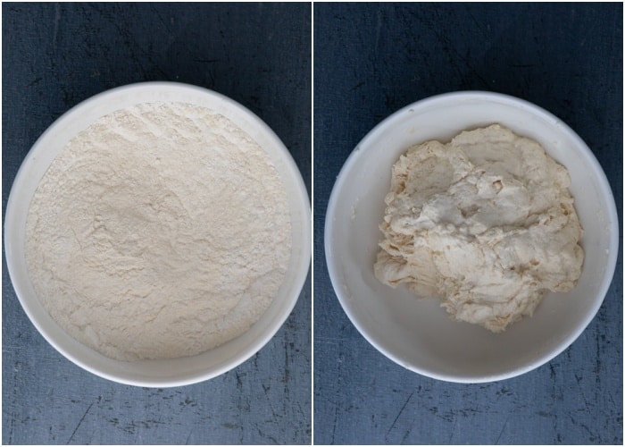 Mixing in the flour and water.