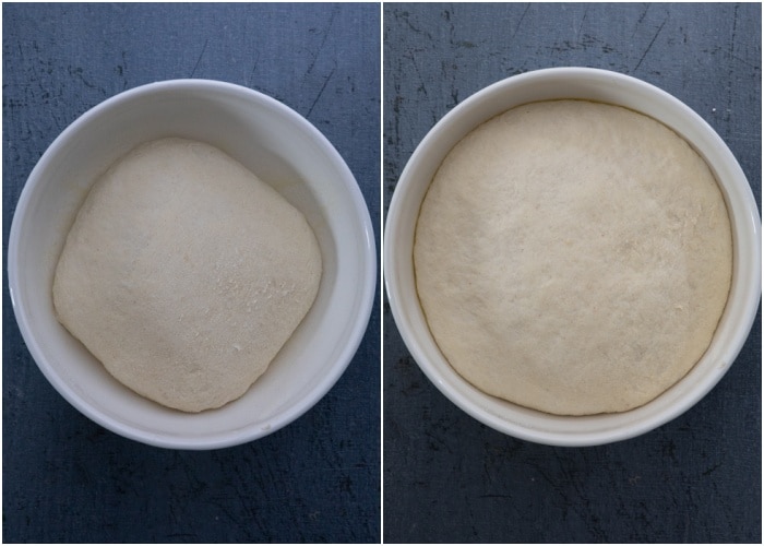 The dough in the bowl before and after rising.