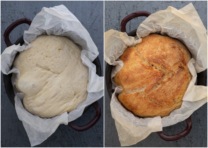 The dough in the dutch oven before and after baking.