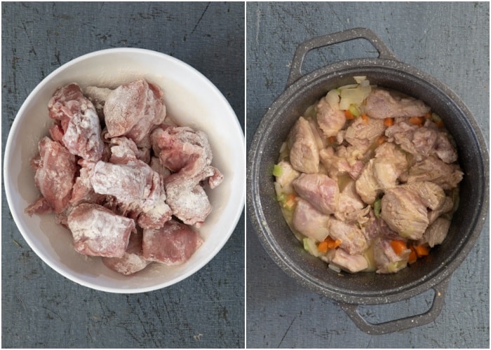 Dredging the beef and cooking in the pot.