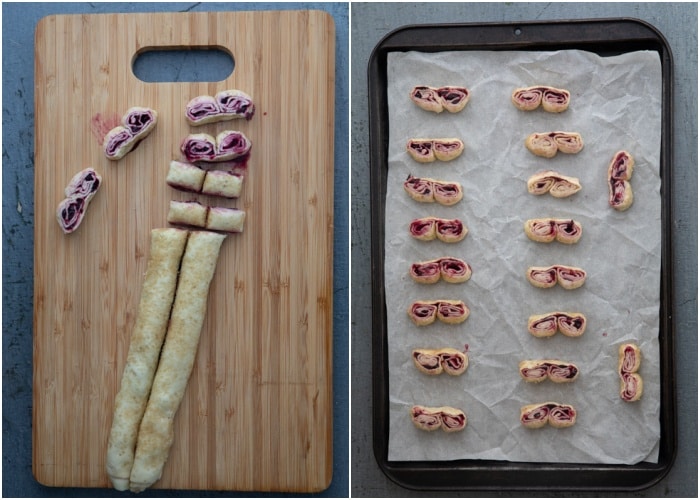 The dough cut and on the baking sheet.