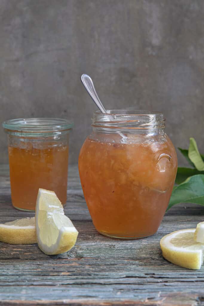 Lemon marmalade in 2 jars.