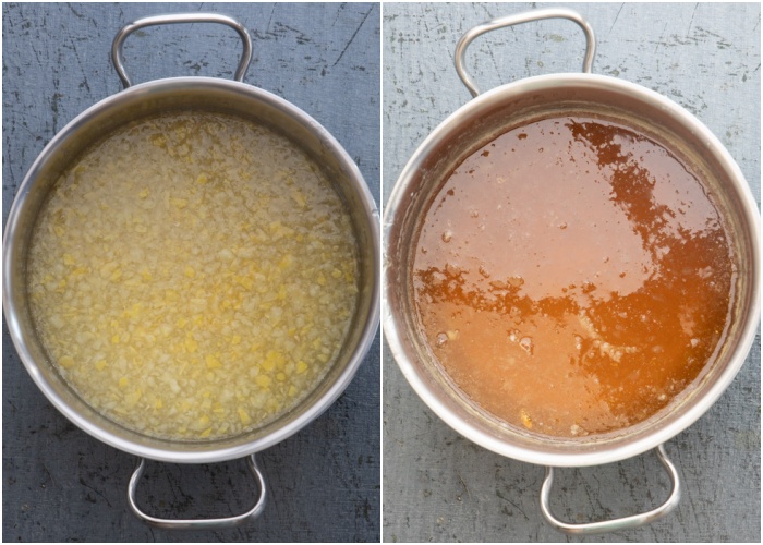 Cooking the marmalade in the pot.