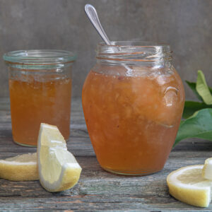 Lemon marmalade in 2 jars.