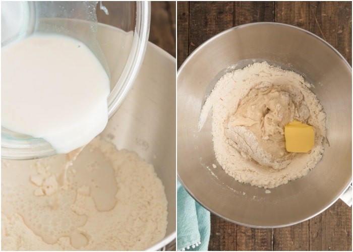Adding the milk and butter to the dough.