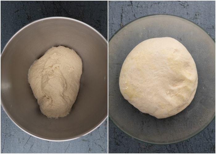 The dough made in the mixing bowl and in the glass bowl.