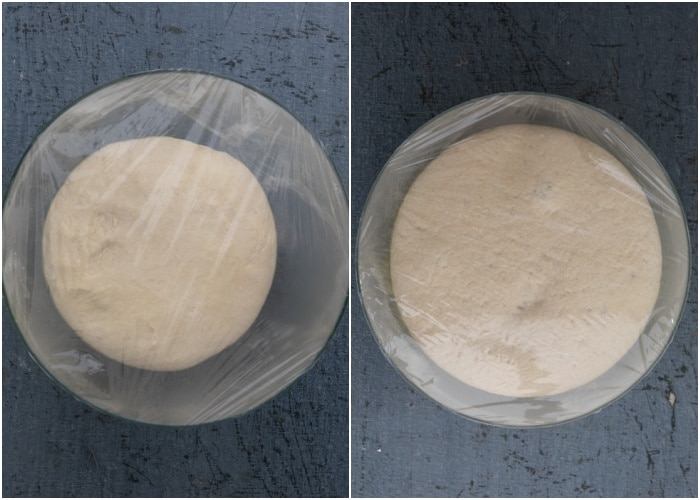 The dough in the bowl before and after one hour.