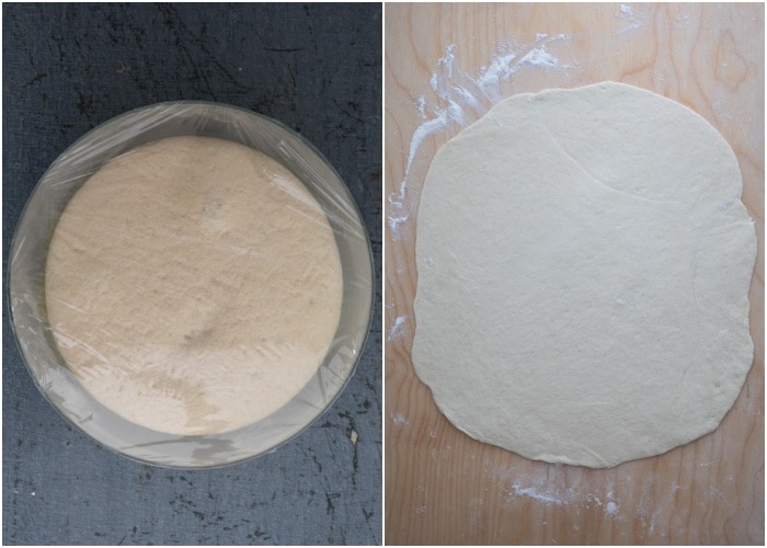 The dough in the bowl and rolled on a board.