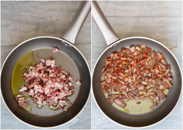 The pancetta in the pan before and after cooked.