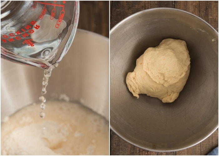 Adding the ingredients to the yeast mixture and kneading.
