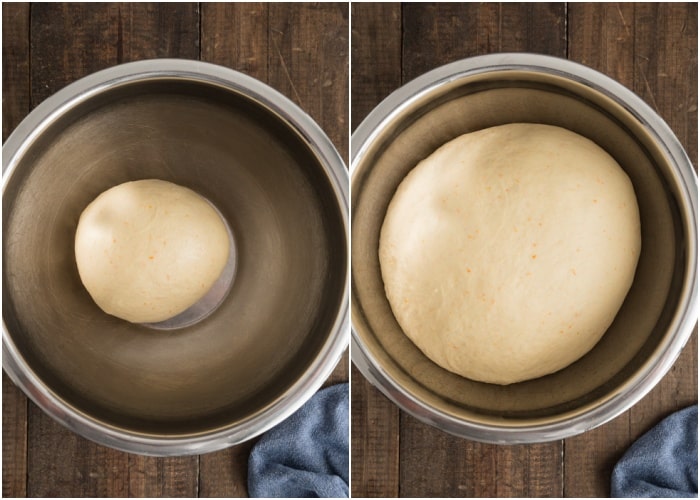 The dough in the bowl before and after rising. 