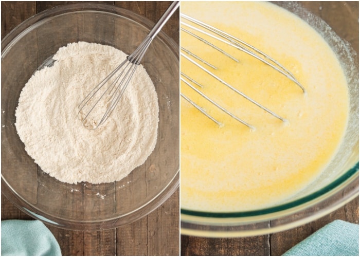 Whisking the dry ingredients and the wet ingredients in two glass bowls.