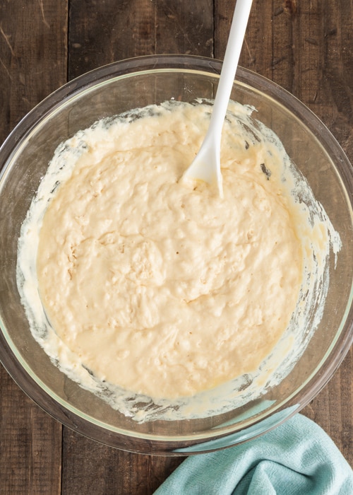 Mixing the batter in a bowl.