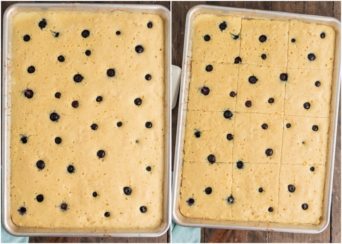 The pancakes baked and cut into squares.