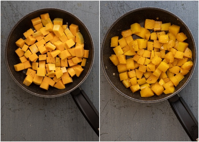 The squash in the pan and cooked.