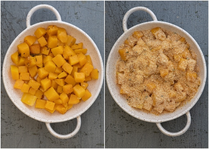 The squash in the baking dish and the bread crumb mixture on top before baking.